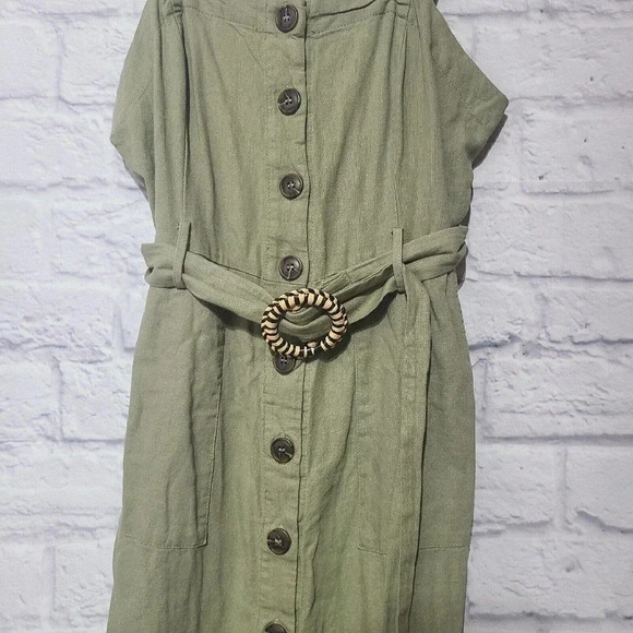 Altar'd State Linen Blend Overall Dress Women's Size Large Green Belted Buttons - Picture 2 of 5